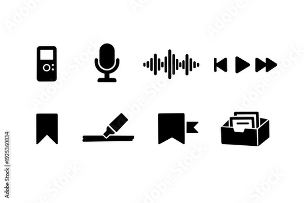 Obraz Audio player and bookmark icons set for digital interfaces