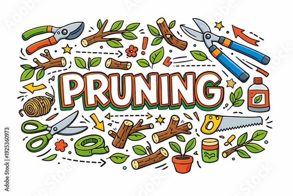 Obraz Colorful pruning tools and branches vector illustration