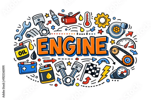 Obraz Colorful engine components illustration with pistons and tools