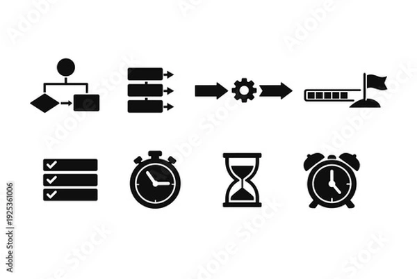 Obraz Process and time management icons: workflow, stopwatch, hourglass, checklist