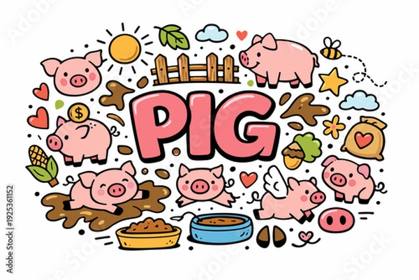 Obraz Cute cartoon pigs with mud and farm elements