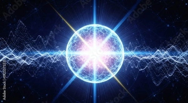 Obraz Abstract Glowing Energy Sphere with Light Rays and Particle Waves