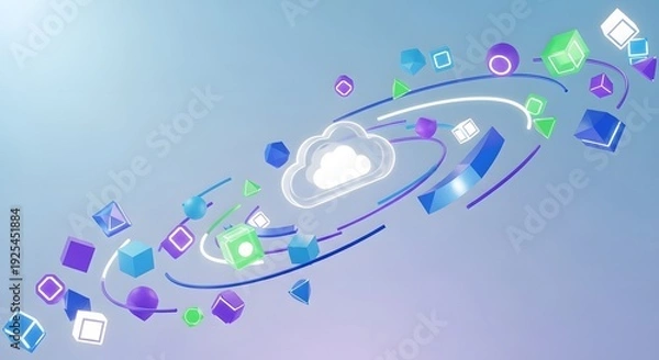 Fototapeta Cloud Computing Technology 3D Background With Floating Geometric Data Shapes