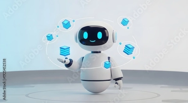 Fototapeta Cute AI Robot Character Presenting Cloud Data Server Storage Icons 3D Render