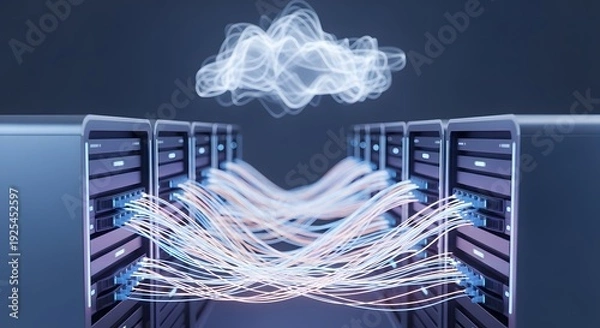 Fototapeta Cloud Computing Server Racks Connected By Glowing Fiber Optics 3D Render