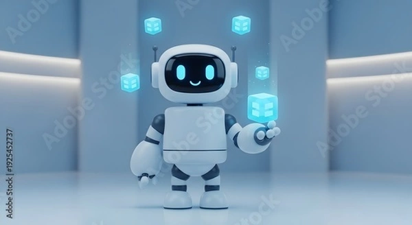Fototapeta Cute AI Robot Character Managing Floating Digital Data Blocks 3D Render Illustration