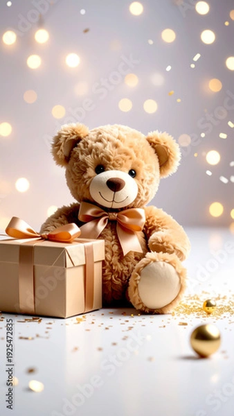 Obraz Teddybär mit Geschenk vor blauem Hintergrund