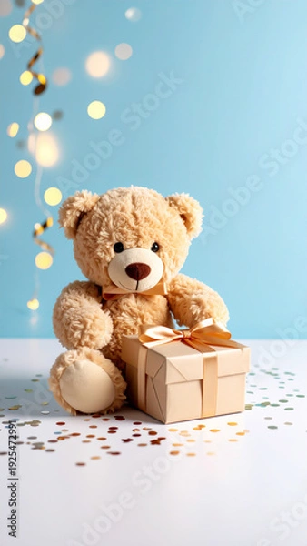 Obraz Teddybär mit Geschenk vor blauem Hintergrund