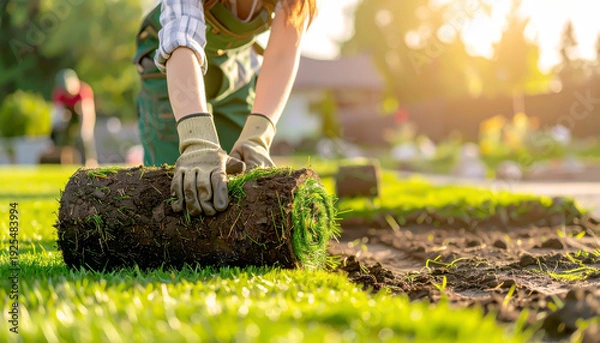 Obraz Rollrasen wird im Garten verlegt