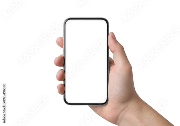 Obraz A hand holding a smartphone with a blank screen