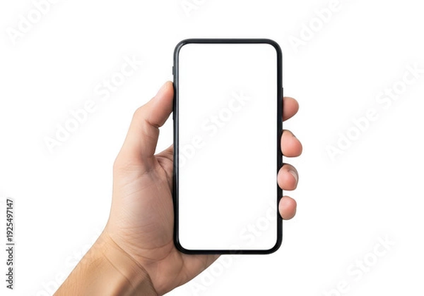Obraz A hand holding a smartphone with a blank screen