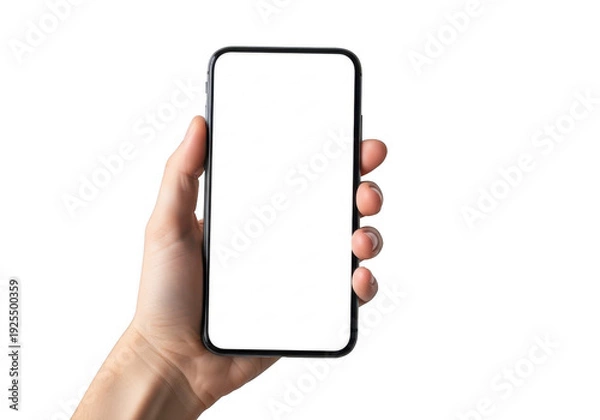 Obraz A hand holding a smartphone with a blank screen