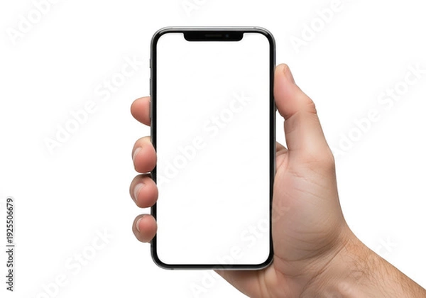 Obraz A hand holding a smartphone with a blank screen