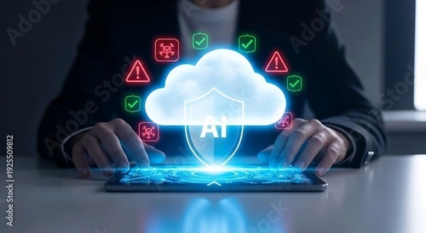 Obraz AI Cloud Security Concept with Digital Protection Interface on Tablet Device