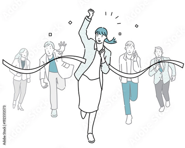 Obraz ゴールテープを切るビジネスパーソンのイメージイラストー競争の勝者ー白バックイラスト素材