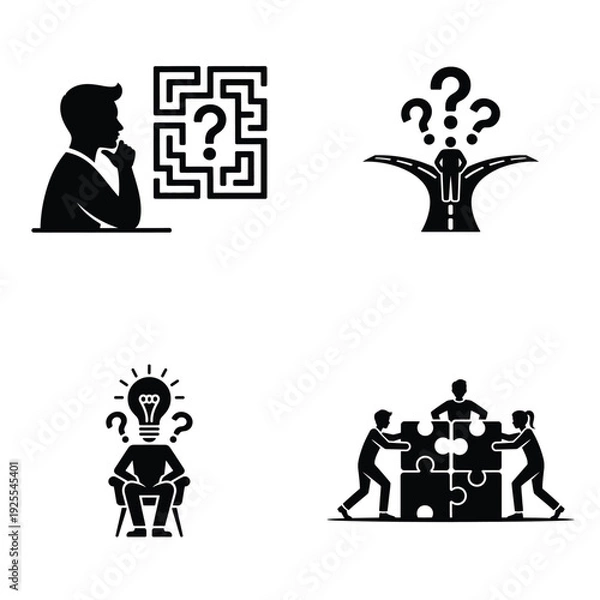 Obraz Problem solving and decision making icon set with teamwork, ideas and strategy symbols
