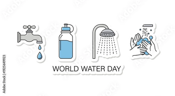 Obraz Water Saving Tips Icon Set – Minimal Cute Line Sticker