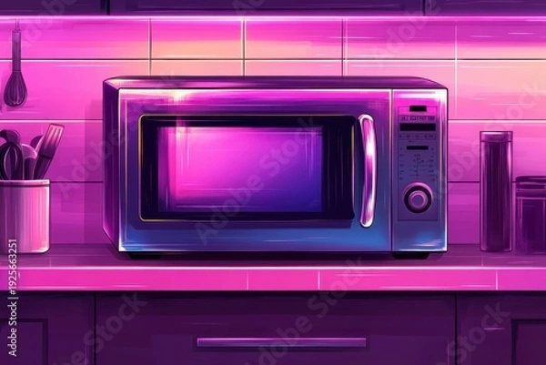 Obraz Futuristic Glowing Microwave in a Synthwave Kitchen