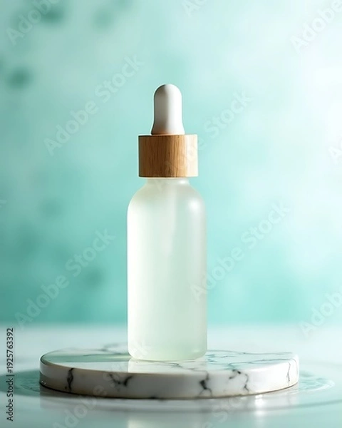 Obraz Elegant dropper bottle on marble stand with soft green background