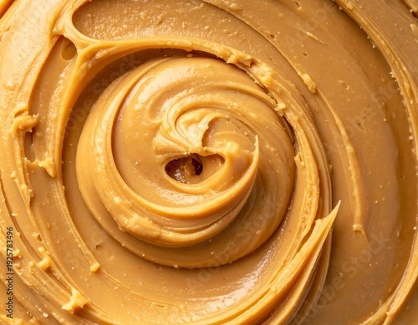 Obraz Swirled, smooth, caramel-colored spread, viewed from above showing the texture and concentric pattern