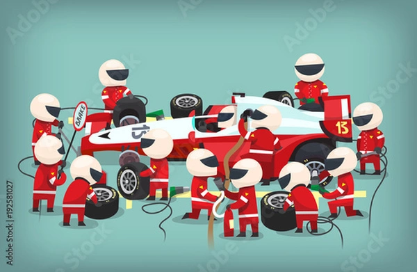 Obraz Plakat z pracownikami pit stopów przebywającymi w pobliżu samochodu wyścigowego, zmieniającymi opony, tankowaniem i wymianą oleju w bolidzie. Ilustracji wektorowych