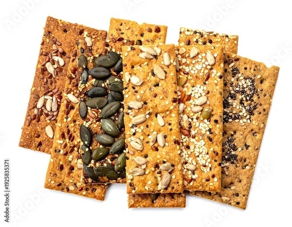 Obraz Stack of rectangular seeded crackers atop white background, viewed from above, macro food