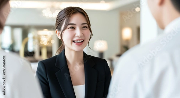 Obraz ウェディングプランナーが笑顔で接客するシーン：理想の結婚式を叶えるための打ち合わせと提案