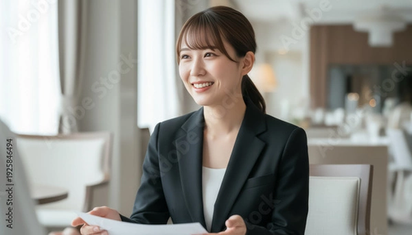 Obraz ウェディングプランナーが笑顔で接客するシーン：理想の結婚式を叶えるための打ち合わせと提案