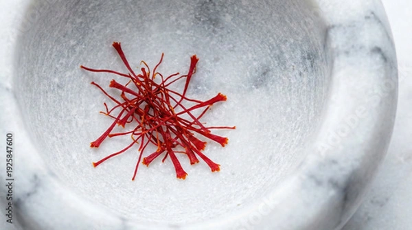 Obraz Premium vivid red saffron threads inside a white marble mortar