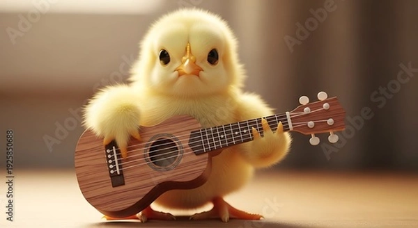 Obraz Yellow Chick Character Playing Ukulele Closeup