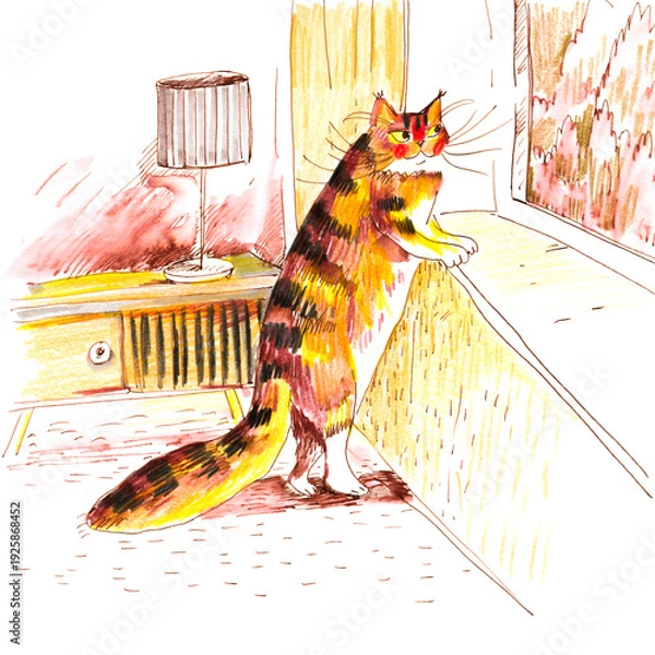 Obraz Cat Looking Out Window Illustration