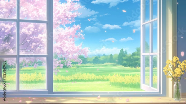 Obraz 花びら舞う春の庭を望む窓辺の水彩風イラスト、満開の花々と光が差し込む室内風景、癒しと開放感を感じる背景素材、ポスター、ヘッダー、バナー、動画背景、イベント告知に使える余白ありの華やかなビジュアル