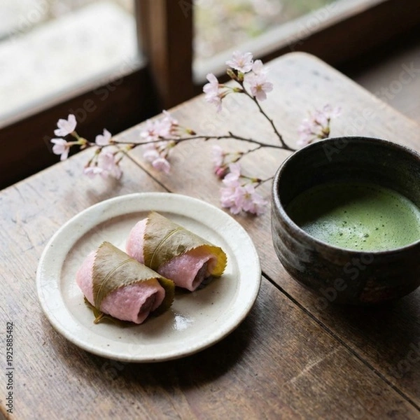 Obraz 桜餅と抹茶で感じる日本の春和スイーツ