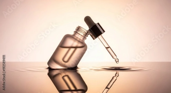 Obraz Serum bottle and dropper on reflective surface with liquid