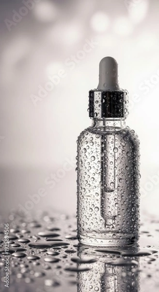 Obraz Dewy serum bottle on reflective surface with droplets