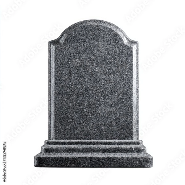 Obraz A plain, grey, arched headstone stands on a multi-tiered base