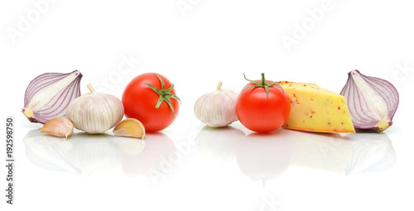 Obraz cheese and vegetables on a white background