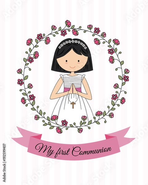 Obraz my first communion girl. beautiful girl praying and flower frame
