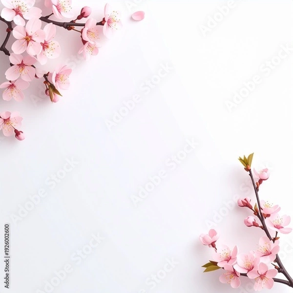 Obraz マットなソフトホワイト背景の一角に小さな桜の枝を配置した超ミニマルなフラットレイ構図。