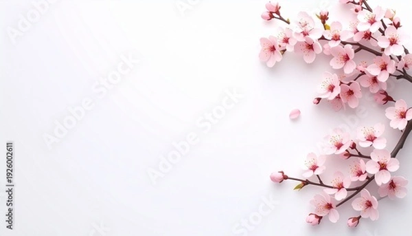 Obraz マットなソフトホワイト背景の一角に小さな桜の枝を配置した超ミニマルなフラットレイ構図。