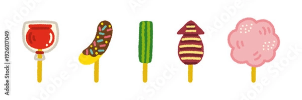 Obraz 縁日 屋台フード セット イラスト 夏祭り 手描き シンプル