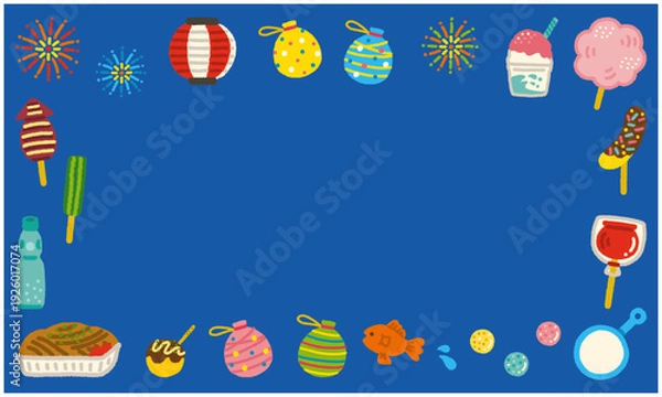 Obraz 夏祭り イラストフレーム シンプル 長方形 縁日 屋台 手描き素材