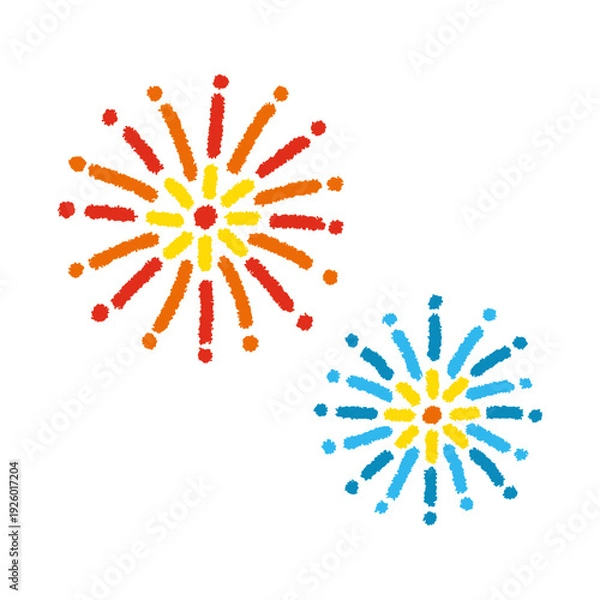 Obraz 打ち上げ花火 イラスト 夏祭り 赤 青 手描き 花火セット