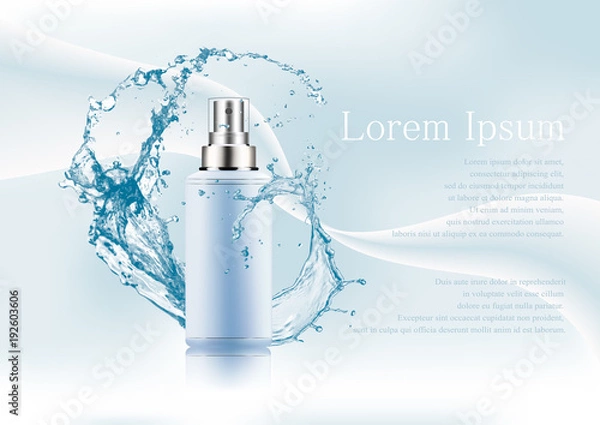 Fototapeta Advertising magazine page,Splash of water,realistic plastic package for cosmetic products with batcher,tube for lotion,gel,cream,with text on abstract stylish gradient background.Vector illustration.