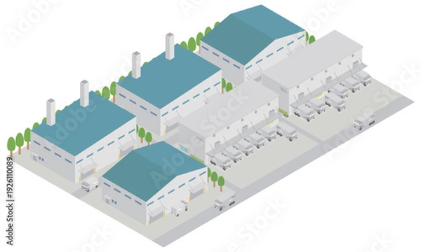 Obraz 工場や倉庫のある工業団地のアイソメトリックイラスト