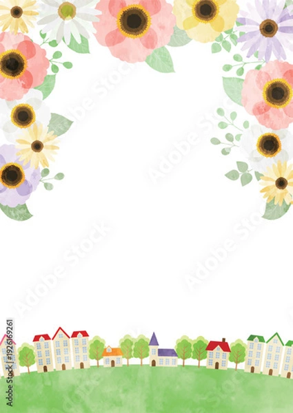 Obraz ポピーと街並みイラスト、春、かわいい、縦、水彩