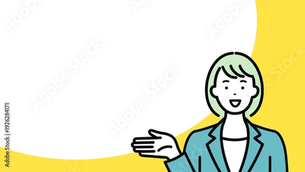 Obraz 案内するビジネスウーマンと吹き出し　コピースペース