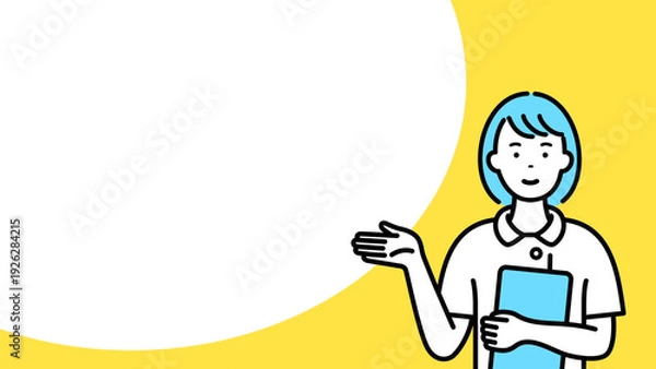 Obraz 案内する若い女性看護師と吹き出し　コピースペース