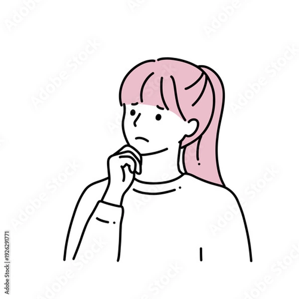Obraz シンプル線画　顎に手をあてているポニーテールの女性　困り顔