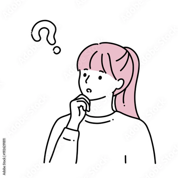 Obraz クエスチョンマークと若い女性　線画イラスト